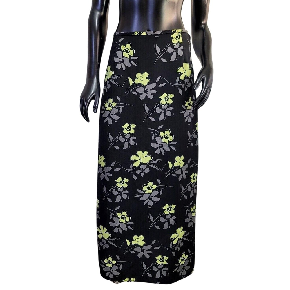 Innocence‎ Vintage 90s Floral Maxi Skirt Black Lime Green Grey Whimsygoth Grunge